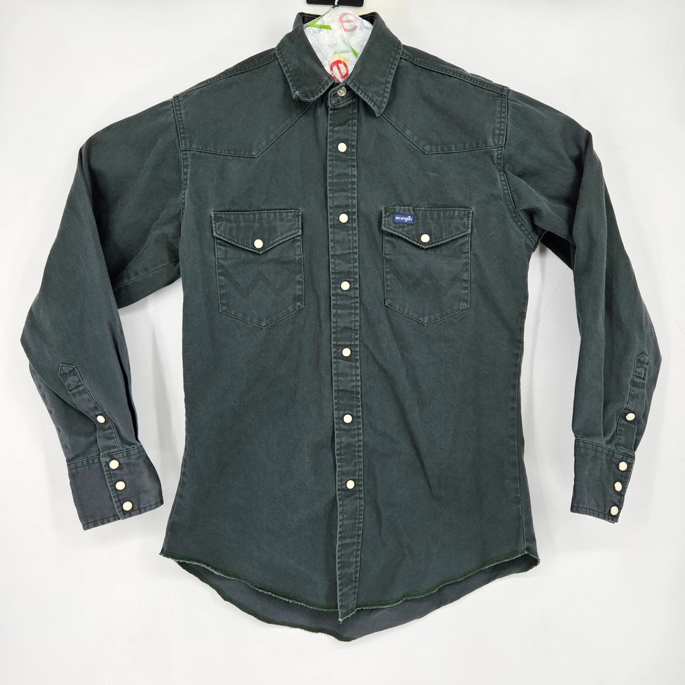 Vintage Wrangler Pearl Snap Shirt Mens Medium Western Green Denim Rancher
